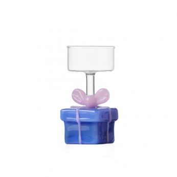 Christmas Tealight - Portacandele in vetro borosilicato di Ichendorf, con base decorata, modello Regalo azzurro