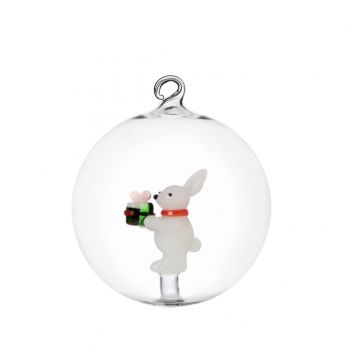 Woodland Tales Ball - Pallina di Natale di Ichendorf in vetro, collezione Woodland Tales, modello Coniglio bianco con regalo verde