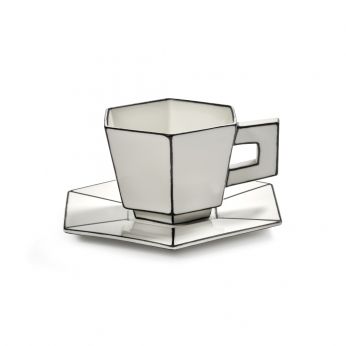Carte Blanche Cappuccino Cup - Tazza da cappuccino in ceramica di Serax, con piattino incluso, colore bianco con bordi neri