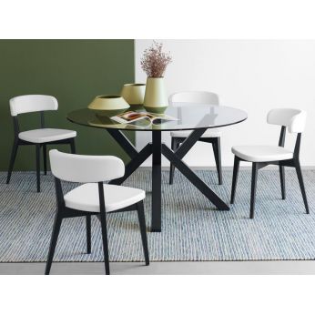 CB4728-FD Mikado - Designer Tisch aus Buchenholz in Graphit mit runderer Platte aus transparentem Glas, mit Stühle CB1536 Siren kombiniert
