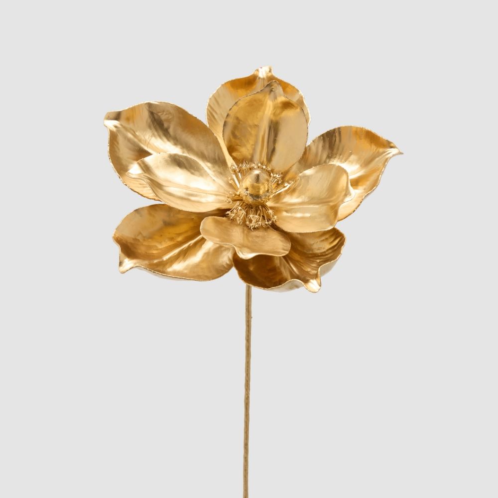 Fiore decorativo a forma di magnolia, con stelo sottile, colore oro