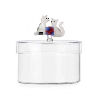 Christmas Box - Contenitore in vetro borosilicato di Ichendorf, modello Gatti bianchi con regalo azzurro