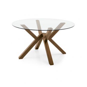 CB4728-FD Mikado - Designertisch aus walnussfarben gebeiztem Buchenholz mit runder, transparenter Glasplatte, 120 cm Durchmesser